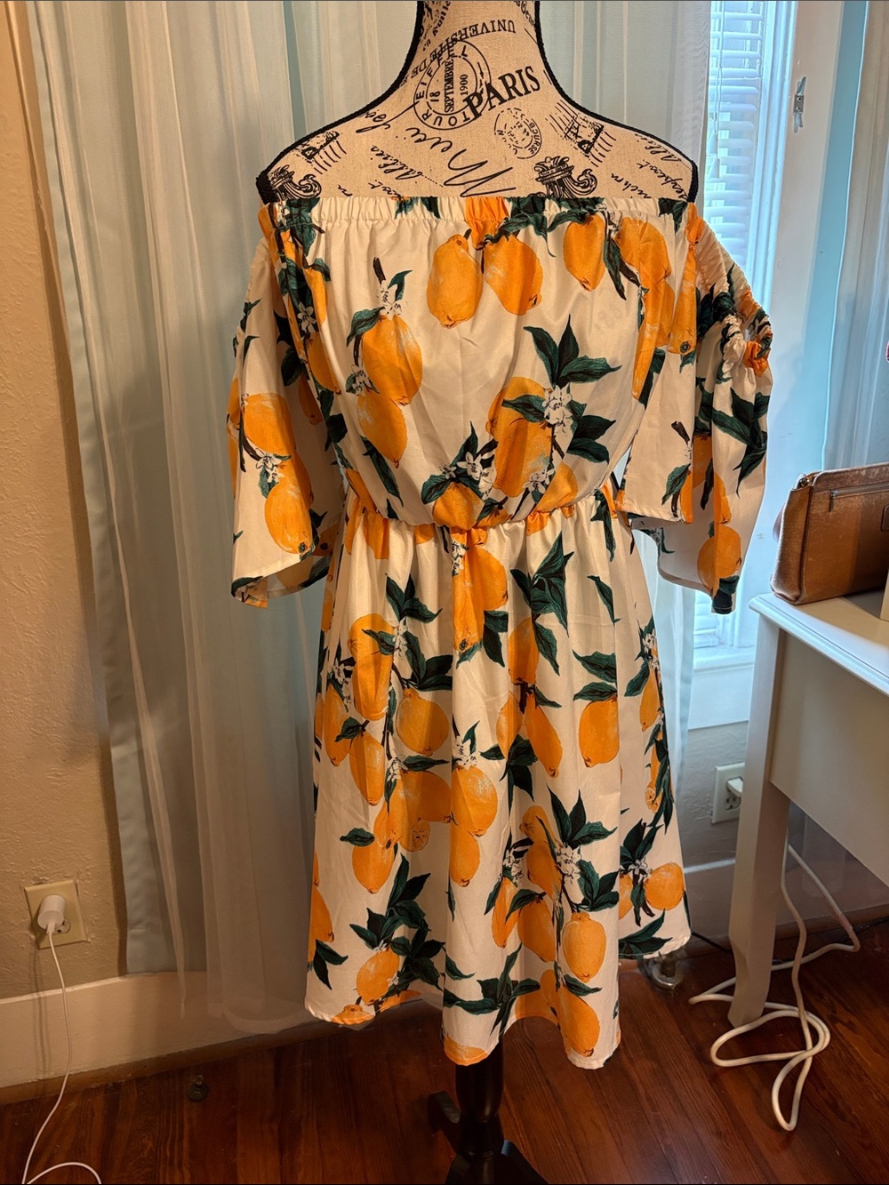 Off-Shoulder Lemon Print Summer Dress - White & Yellow